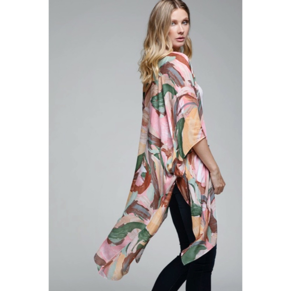 SOLD OUT Mone Colorful Brush Stroke Motif Kimono Coverup Wrap Open Casual Top - Picture 4 of 5